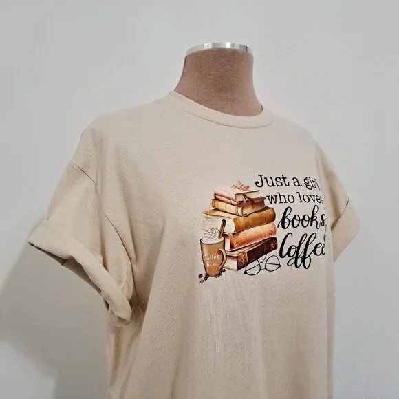 Loves Books & Coffee Graphic Cotton Tee Short Sleeve Beige Color SIze L/G NOWT - Picture 3 of 5